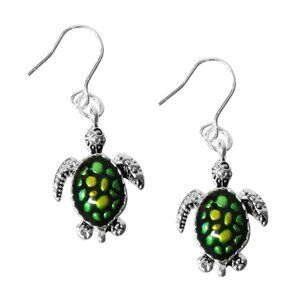 Turtle Earrings -NEW- Green Shell Silver Tone Colorful Dangle Earrings-Adorable